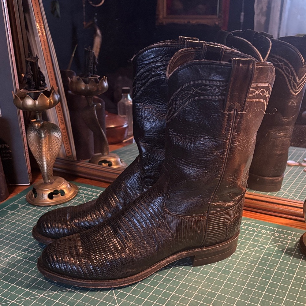 Justin Boots Black Textured Leather Cowboy Boots